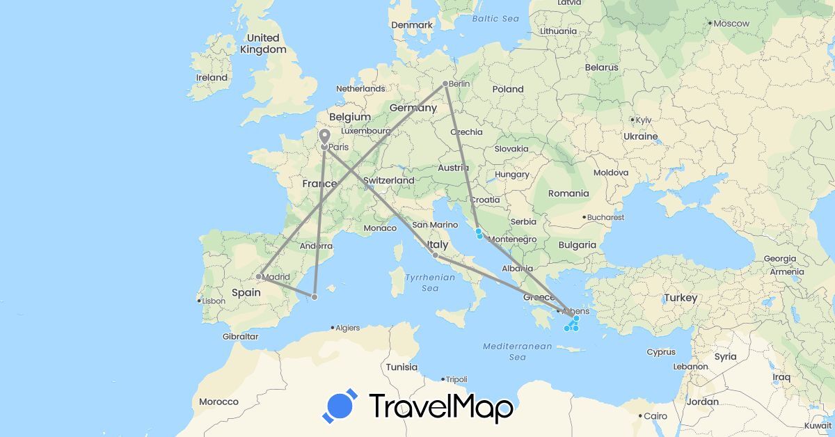 TravelMap itinerary: driving, plane, boat in Germany, Spain, France, Greece, Croatia, Italy (Europe)